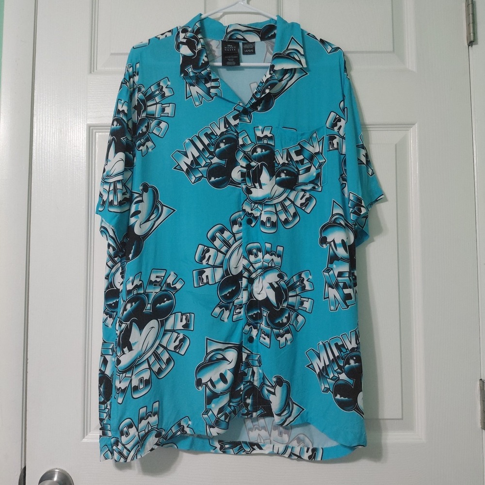 Disney Mickey Mouse Shirt Mens Large Blue All Over Print Button Up Collared